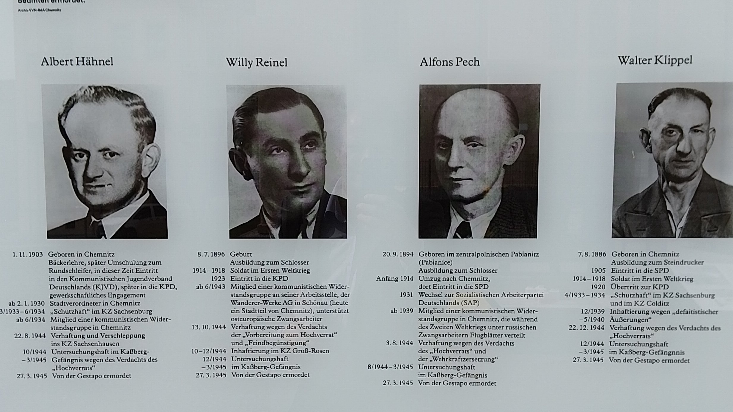 Gedenktafelen für Albert Hähnel, Willy Reinel, Alfons Pech und Walter Klippel P